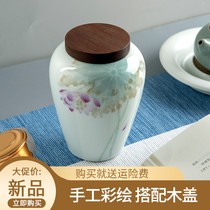 Ceramic Colour Painted Tea Leaf Jars Domestic Jar Practical Wood Cover Puer Seal Pot Portable Tea Leaf Jars White Porcelain Storage Tank