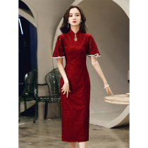 Qipao toast to the brides summer wine red color wedding engagement back door gown dress with dress high level and can be worn