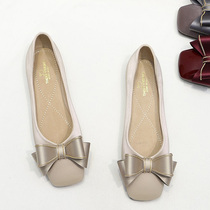 Hong Kong flat shoes women 2021 summer new soft soled Bean shoes women square head shallow satin bow satin bow single shoes women