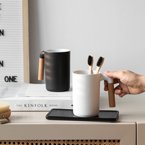 Simple solid color European style solid wood handle ceramic wash cup creative frosted couple brush Cup with tray
