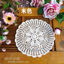 Fresh water lotus hand crocheted hollow round dream net lace mesh desktop insulation decorative cushion beige White
