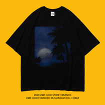 AWE GOD coconut tree old retro printing short-sleeved mens couple wear T-shirt street hip-hop original trend top tide