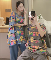 Korean Version Short Sleeve Lovers Sleeping Dressing Woman Summer Thin pure cotton cartoon Sesame Street Home Conserved Big Code 200 Catty Suit