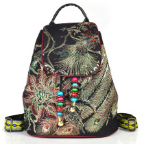 Delivery middle-aged and elderly female mother-in-law Grandmother National Wind Embroidery Flowers Canvas double shoulder backpack out of the way to travel bag