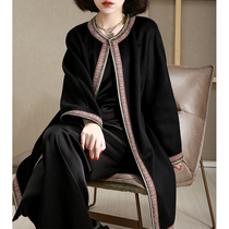 NZ Gaoding retro wine red heavy industry ribbon round neck bat sleeve long double-sided cashmere coat female black autumn