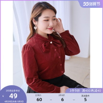 (Qingkura RMB60 ) Large code Female dress Fat mm Winter Temperament Vintage Butterfly Knot Collar Lamp Core Suede Blouse Shirt