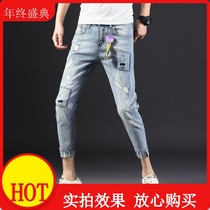 Spring new jeans mens fashion brand mens jeans slim patch ripped jeans mens nine-point feet