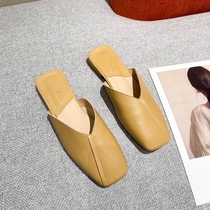 Small ckerwin yellow macaron square head soft-bottom Mueller Baotou Half towed to outer wear flat heel single.