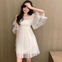 Sweet and super fairy straight shoulder hanger with skirt 2021 new short sleeves Temperament Even Dress Fall Fairy Web Yarn A