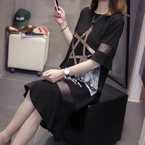 Hong Kongs plus size womens new T-shirt dress fat sister covering the belly showing thin foreign sequins fashion medium and long summer