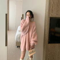 Water Mink Fluff Dressing Woman Winter New Thicken set with a long sleeve head Lazy Breeze Wool Suede Pink Knit Undershirt