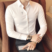 High level feeling white shirt male long sleeve Korean version trend handsome and warm up for leisure 100 hitch for mens business shirt
