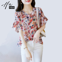 Chiffon shirt female 2021 new short sleeve foreign air floral small shirt temperament large size loose belly coat female summer tide
