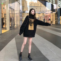 Lazy wind turtleneck sweater plus velvet thickening womens loose mid-length plus size autumn and winter new trendy printed inner top