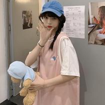 Japanese chic fake two-piece cotton short-sleeved T-shirt female 2021 New Korean loose Joker student coat base shirt