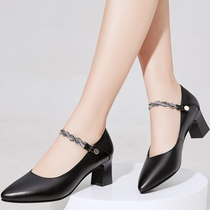 Thick-heeled shoes womens spring and autumn single shoes wear two leather wild high-heeled 2021 spring shallow word buckle large size womens shoes