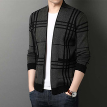 Spring and autumn cardigan coat mens sweater new plaid sweater Korean trend mens sweater coat