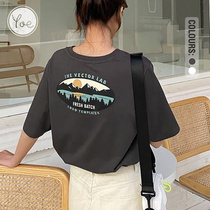 yoe2021 new charcoal gray temperament slim coat female American retro loose round neck cotton short sleeve T-shirt ins