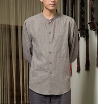 Ciyuan spring and autumn zen wash cotton linen stand collar Chinese vertical bar coffee mens shirt YL148