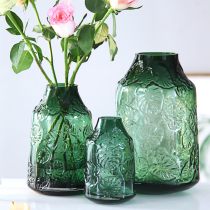 Green transparent glass carved vase Nordic ornaments Golden ring Light luxury hydroponic flowers dried flowers Living room flower arrangement