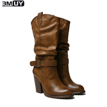 emuy thick-heeled mid-tube boots womens high-heeled 2021 new all-match British style Martin boots thick-soled thin high-tube womens boots