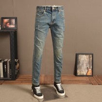 2022 New jeans mens summer retro to make old workout small feet high-end tide cards casual long pants thin