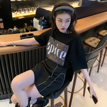 Summer home homemade chain decorated with high waist display slim snow spinning black A character half body dress with hip short skirt