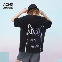 ACHS AWAKE20SS magic graffiti cat short sleeve national tide summer loose casual couple trend T-shirt