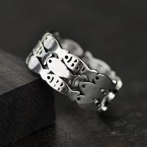 Retro Thai silver National Wind ring small fish Group personality niche design creative wide-sided opening ring jewelry