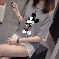 Fat plus size womens short-sleeved t-shirt womens 2021 summer new 200 pounds fat mm loose Mickey mouse top