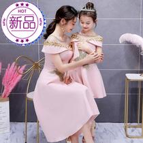 Round lock dress parent-child dress g dress Korean version of Tide little girl parent-child dress pink Mother o womens evening