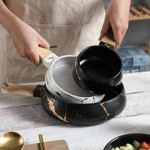 Light luxury Nordic minimalist matte glaze marble ceramic tableware creative wooden handle salad baking Milk Bowl