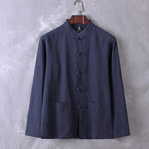 Spring and autumn Chinese style linen shirt middle-aged and elderly autumn men thin cotton linen long sleeve Tang base shirt shirt