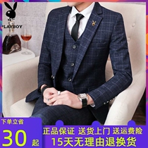  Official website mall Playboy spring and autumn plaid suit three-piece male British groom wedding dress slim Korean version