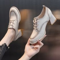 High heel shoes women 2022 new summer fashion 100 hitch heel mid heel deep mouth lacing Lefu small leather shoes single shoes