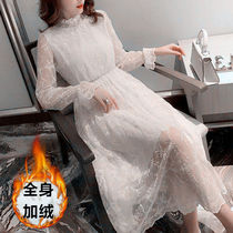 Plus velvet padded long skirt autumn and winter New High collar over knee temperament fairy mesh skirt bottom lace dress