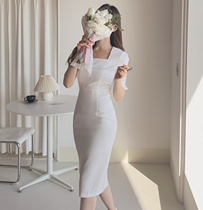 South Korea Ocean Gas Trendy Small Balls 6 Summer Female Temperament Square Collar Wrap rear open fork Liandress Long dress