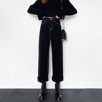 Jeans womens loose autumn and winter new straight tube high waist thin black dad Korean version large size student wide leg pants