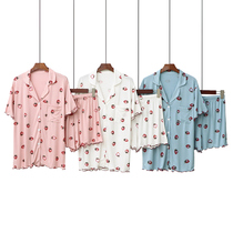 2020 Pajamas Woman Summer Casual Thin shorts shorts short sleeve cardiovert turtlenecks Strawberry Printed Home Suit Suit