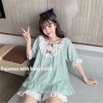 Summer 2021 new sweet and butterfly knot French style square collar lotus leaf with short sleeves Sleeping shorts Two sets of women (