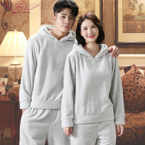 Pajamas womens autumn and winter coral velvet thickened can be worn on the outside new hooded lovers flannel home clothing set