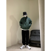 HOZI 2021 Winter Retro loose Korean green diamond collar cotton clothes mens fashion ins coat