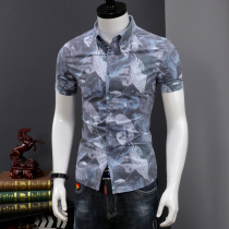  Shirt mens short-sleeved Korean version of the casual trend summer new slim-fitting handsome hair stylist nightclub tide brand printed shirt