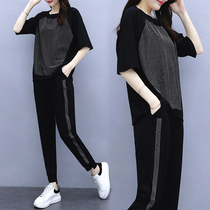 Plus size womens clothing 2023 summer new casual hot drill short-sleeved pullover pencil pants western style sports style two-piece suit for women