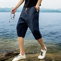 Tide brand summer linen shorts mens casual loose thin section cotton and linen capri pants beach pants mens popular Chinese style