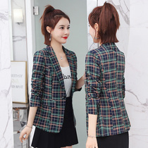 2021 Autumn New Net red plaid suit womens long sleeve coat slim button Korean suit short top