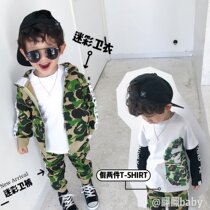Spring and autumn new boys and children camouflage ribbon Japanese tide clothes outside suit fake Two T-shirt pants