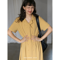 Female summer thin temperament niche retro French design sense long dress Yellow waist Hepburn style suit collar dress