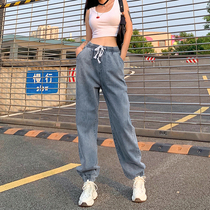 H home 2020 Autumn New strap elastic retro high waist ins loose jeans women bunches feet water wash blue straight pants