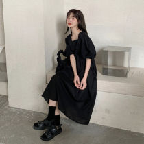Spring 2021 new retro style small black dress with long section high waist loose square collar short sleeve dress skirt woman skirt